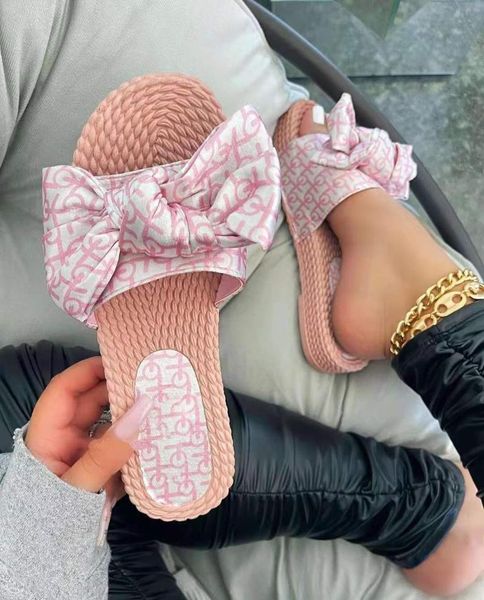 

21 summer new style thick-soled patterned bowknot-shaped slippers female large size cross-border round head beach sandals and sl, Black