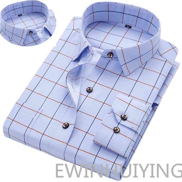 Мода мужские рубашки с длинными рукавами Молодой корейский тонкий бизнес повседневная целый сочетание пледа квадратный воротник 210809