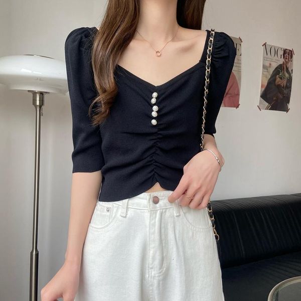 

women's t-shirt womens embroidered beaded crop for 2021 summer shirring clothing korean office ladies slim half sleeve tees street, White