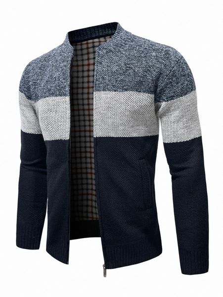 

men colorblock zip up baseball collar cardigan 42ms#, White;black