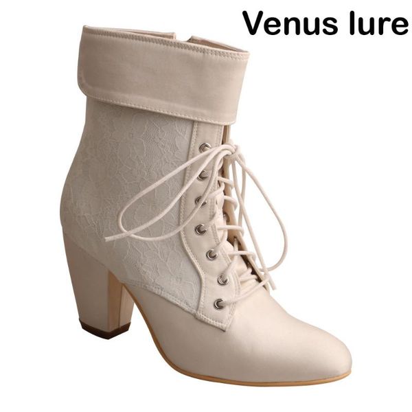 

boots wedopus with lace material block heel up shoe boot size, Black