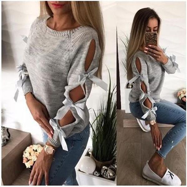 

women's sweaters autumn korean women bow hollow out long sleeve warm sweater pullover fashion casual knitting loose o-neck pullovers, White;black