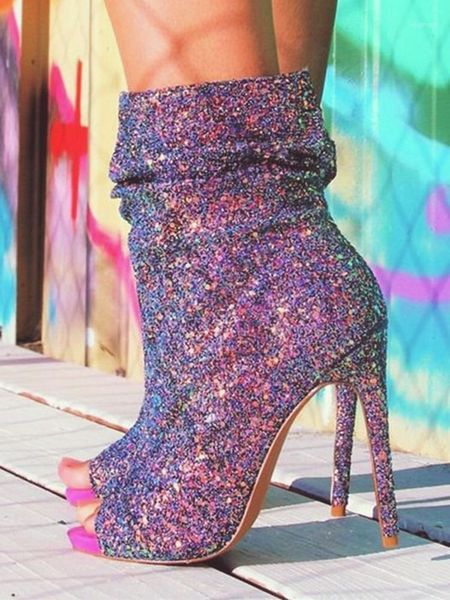 

boots glitter peep toe ankle booties sequined cloth slip on thin high heel dress ladies shoes slouchy pleated style solid custom made1, Black
