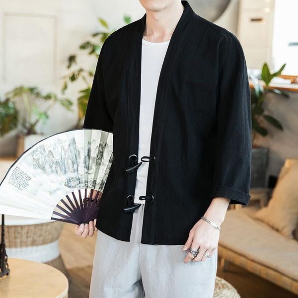 

men's cotton linen kimono jackets leisure cardigan streetwear shirts japanese traditional casual coats 5xl hanfu men, Black;brown