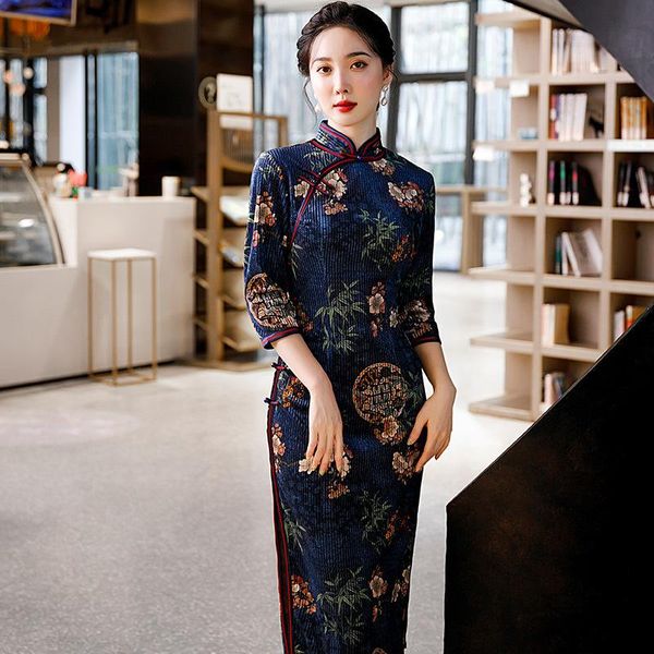 

ethnic clothing vintage autumn winter women cheongsam noble elegant evening party qipao chinese style vestidos slim plue size robe gown, Red