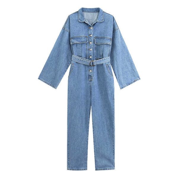 Talvez U Blue Denim Jeans Recurso para baixo Collar Manga Full Manga Longa Jumpsuit Sash Casual High Street Mulheres J0022 210529