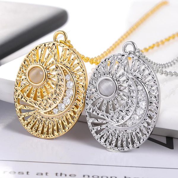 Anhänger Halsketten Trendy Vintage Opal Sonne Mond Halskette Silber Farbe Hohle Halbmond Kette Für Frauen Mode Schmuck