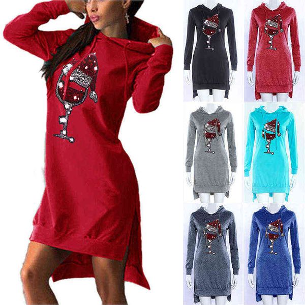 

casual dresses 2022 women's christmas print hooded long sleeve, Black;gray