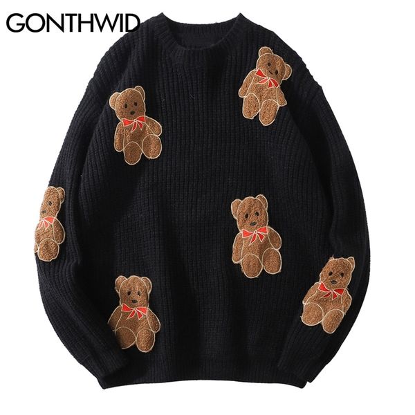

gonthwid embroidery bears knitted jumper sweaters streetwear hip hop men harajuku casual knitwear sweater fashion male 210813, White;black