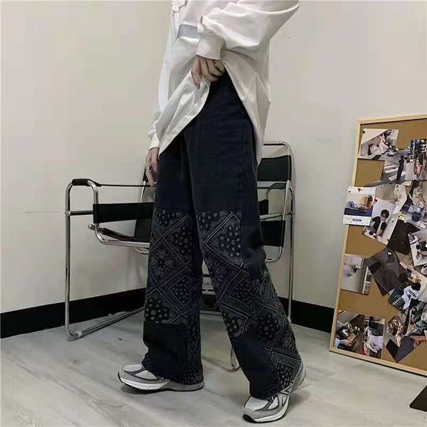 

men's pants high cashew street flower straight print loose pants harajuku retro-oversize casual vibe brim 187d, Black