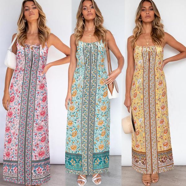 

casual dresses summer women's retro floral high waist dress ladies bohemian suspender long vestidos sundress robe femme 2021, Black;gray