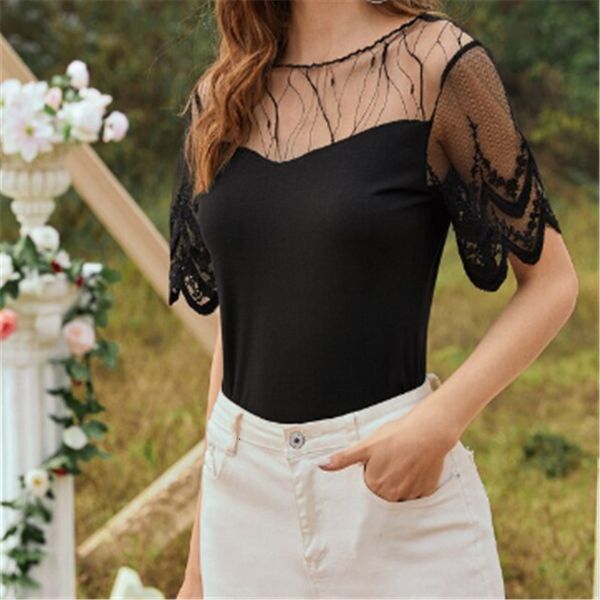 

women 2021 summer flowers ee mesh sheer lake through short mouwen o neck t-shirt lady solid black fashion t-shirts, White