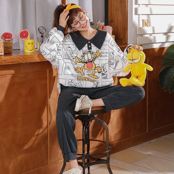 

bzel turn-down collar women's pajamas sets autumn winter pyjamas long sleeves long pants pijama cute cartoon sleepwear plus size, Black;red