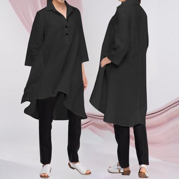 

stylish women blouses celmia 2021 autumn 3 4 sleeve casual loose solid female work shirts asymmetrical tunic blusas plus size 7, White