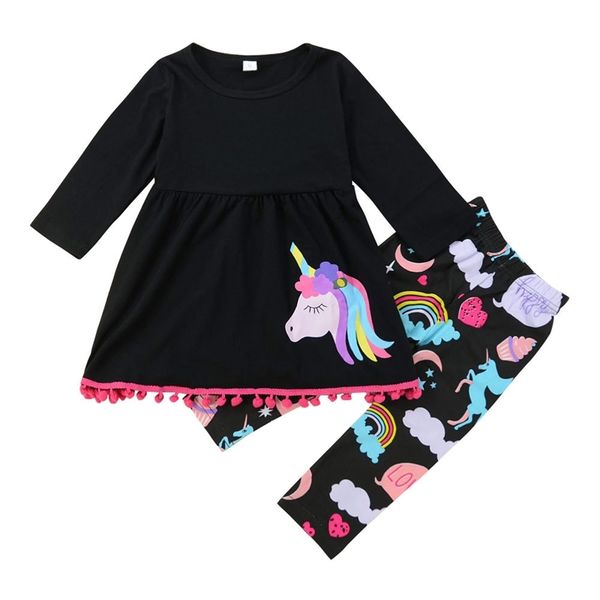 

ins autumn girls' unicorn long sleeve dress + printed pants children's set, Red;yellow