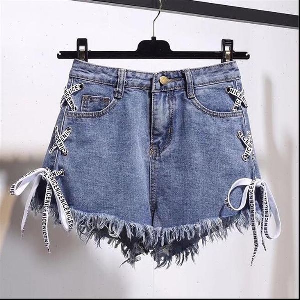 

summer denim black women shorts high waist ripped jeans femmen side lace up bandage, White;black