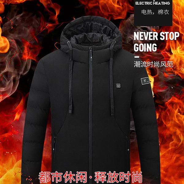 

winter intelligent usb electric heating constant temperature charging cotton cloth men's hooded thick coat direct sale, Black