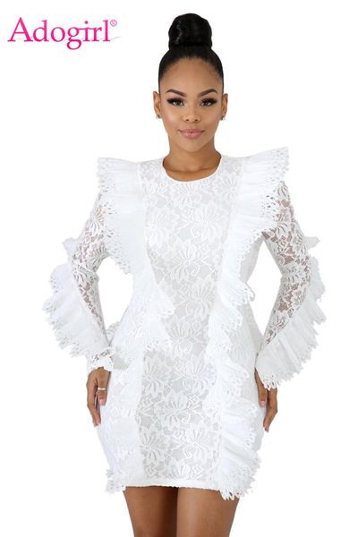 

casual dresses adogirl stylish women ruffle lace bodycon dress o neck long sleeve sheath mini evening party night club outfits, Black;gray