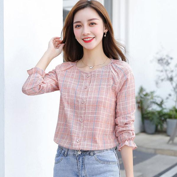 

women's polos women spring summer cotton blouses shirts lady casual long sleeve o-neck striped printed blusas df3980, White