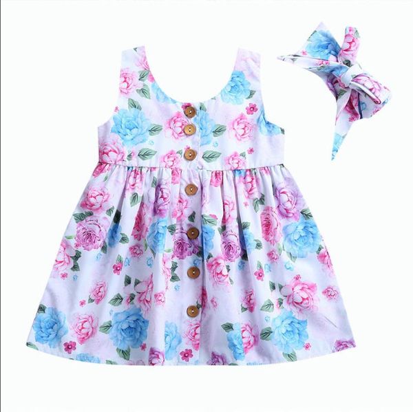 

girl's dresses summer cute toddler dress kids baby girls floral round neck button sleeveless costume girl party pageant clothes, Red;yellow