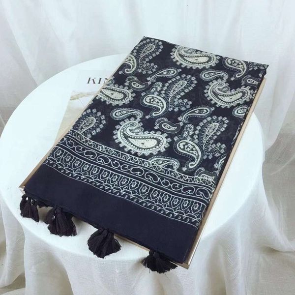 

2019 new ethnic cashew women's printed cotton linen silk beach scarf, Blue;black