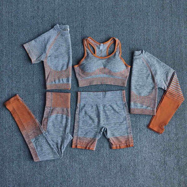 

women's pants & capris 2/3/5pcs seamless fitness women yoga suit workout set sports bra long sleeve crop high waist legging gy, Black;white