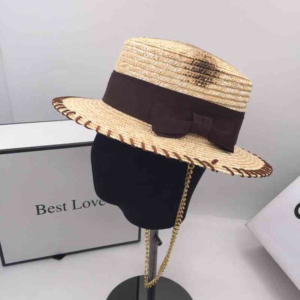 

wide brim hats sunhats british retro fashion edition flat-roofed straw hat be fired with chain for men and women udj5, Blue;gray