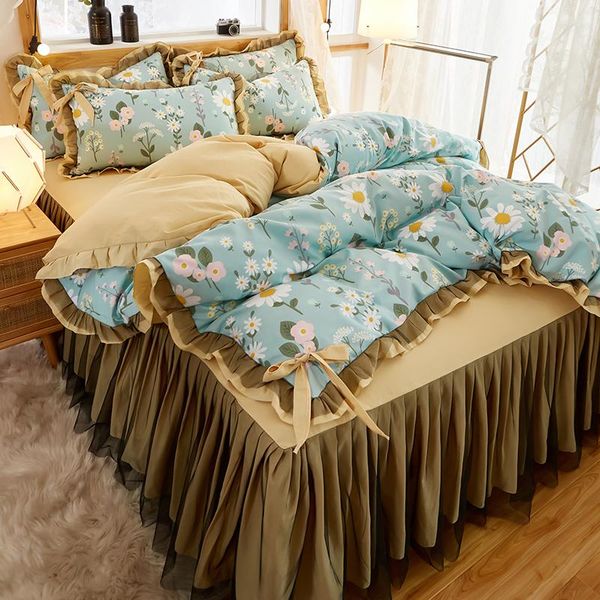 

bedding sets flowers set full  king bedspread wedding princess duvet cover pillowcase girls lace bed skirt luxury bedclothes