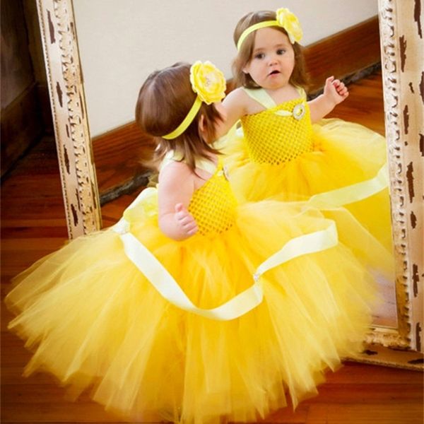 Meninas amarelas crochet tutu vestido bebê fofa tulle tulle vestido vestido de bola com flor headband crianças cosplay roupas princesa vestido 210303