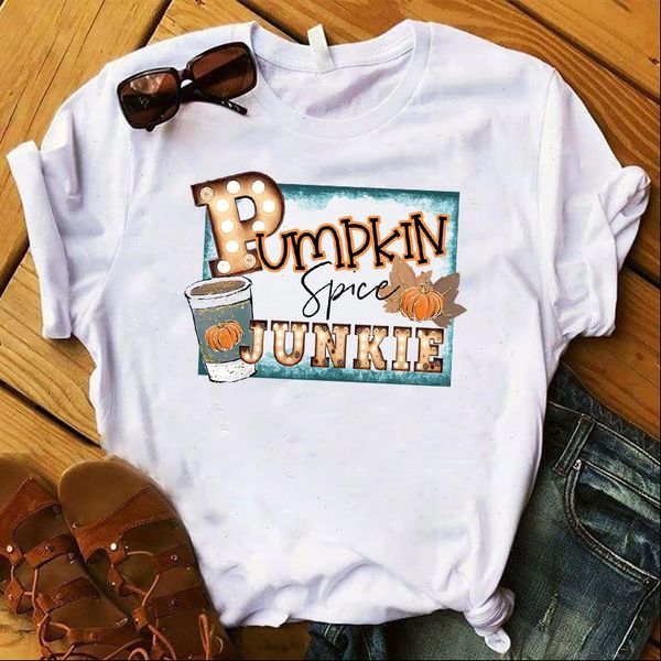 

pumpkin spice junkie print t shirt women short sleeve o neck loose tshirt 2021 summer women causal tee mujer, White