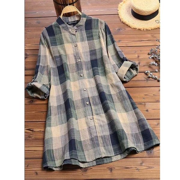 

women's blouses & shirts plus size 5xl plaid printed blouse women casual loose tunic o neck long sleeve button shirt tee femme, White