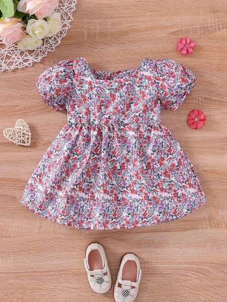 

baby floral print puff sleeve dress she, Red;yellow