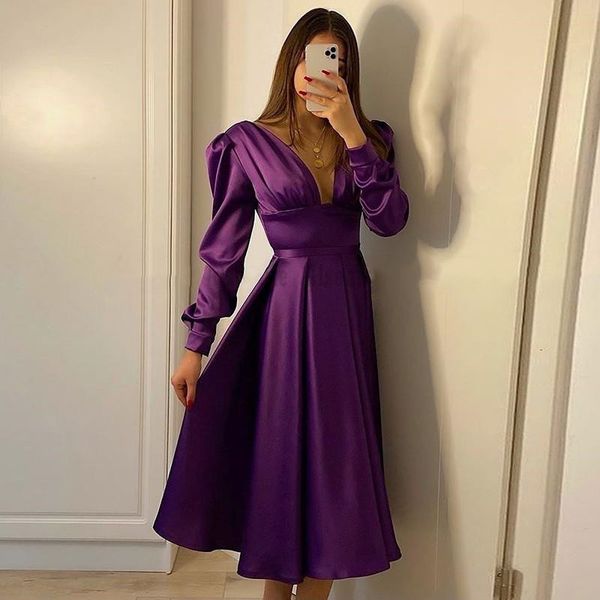 

robe de marrige plunging neckline prom dresses long sleeves tea length cocktail party evening gowns a line short bride dress, Black