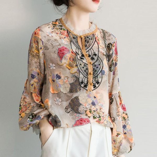 

2021 ladies white lace vintage blouse long sleeve stand collar women elegant patchwork crochet women shirt plus size