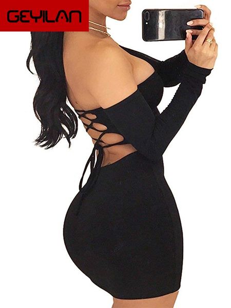 

casual dresses autumn winter long sleeve dress women's off shoulder backless lace up club bodycon mini, Black;gray