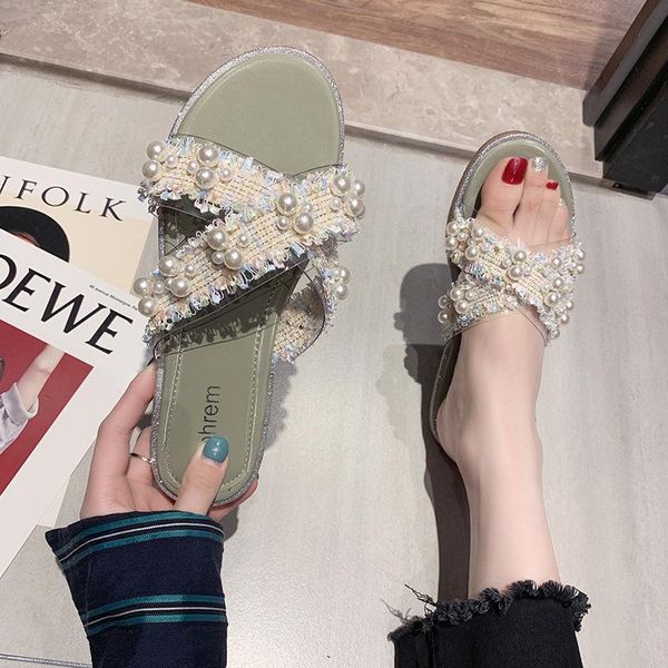 

slippers summer leisure fashion women string bead square heel flat outer wear slides drag breathable beautiful non-slip shoe, Black