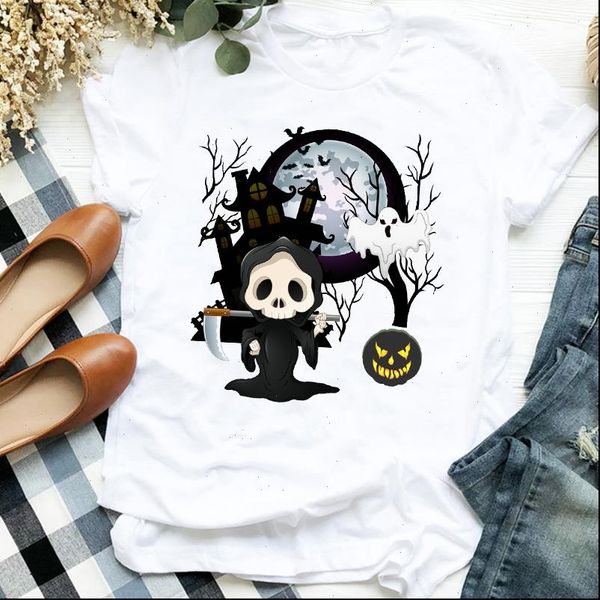 

womens t shirt skull pumpkin fall halloween print women short sleeve o neck tshirt tee clothes camisetas mujer, White