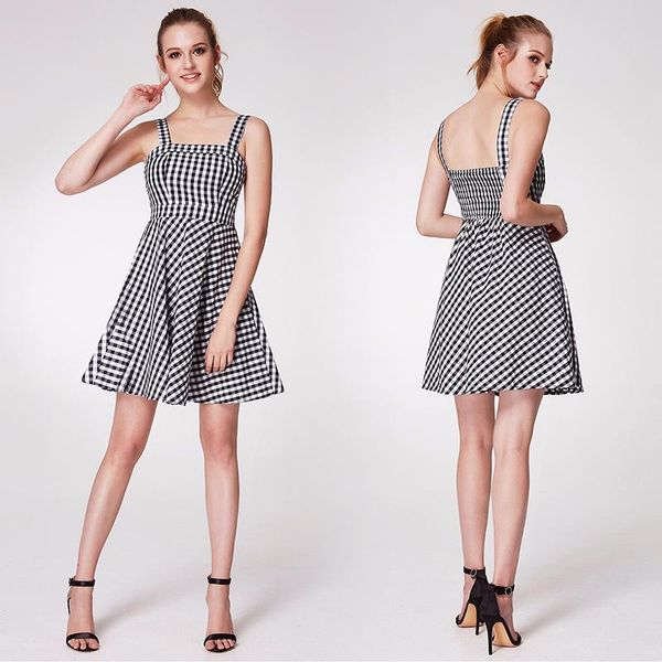 

casual dresses sweet sleeveless plaid dress, Black;gray