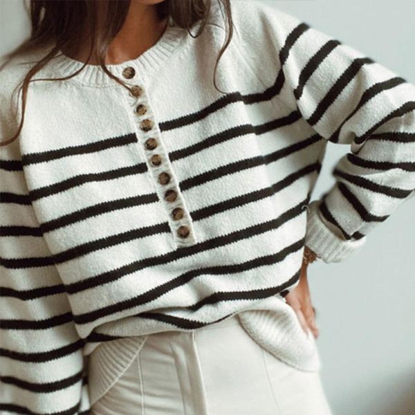 

women's sweaters 2021 autumn vintage single-breasted striped pullover women casual knit loose elegant button chic sweater streetwear, White;black