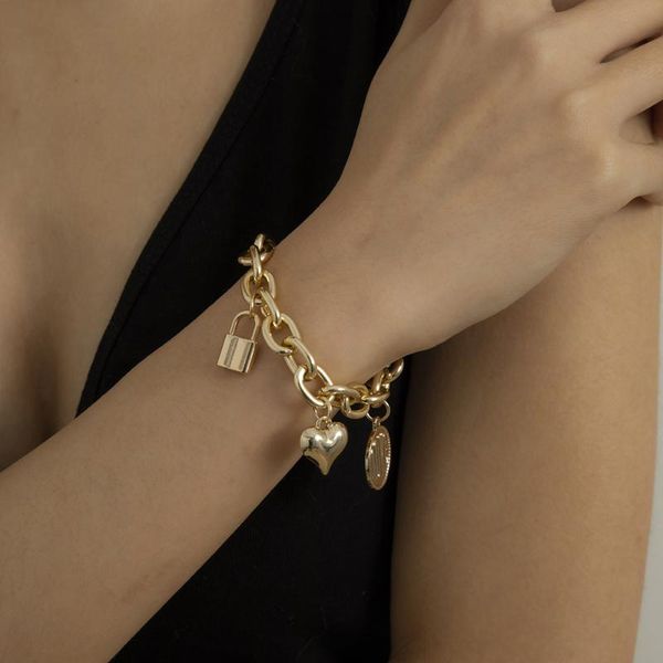 

charm bracelets punk dainty love heart lock bracelet for women gold silver color coin planet pendant link chain on hand jewelry, Golden;silver