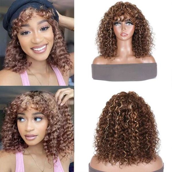 

highlighted honey blonde full machine wigs with bangs 180 density jerry curly brown human hair machines made wigs for black women