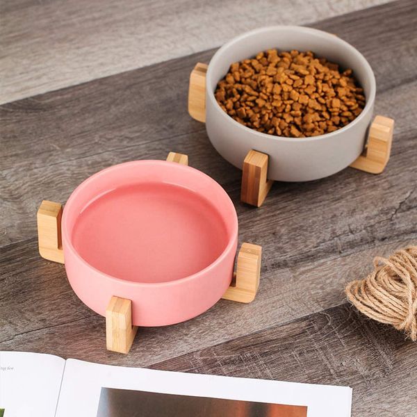 Mattweißer Katzennapf aus Keramik mit Holzständer, kein Verschütten, Tierfutter, Wasserspender für Katzen, kleine und große Hunde, 850 ml