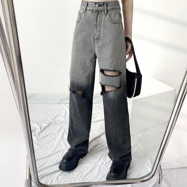 

women's jeans retro tie dye hollow out holes women high waist baggy straight denim long pants summer harajuku casual streetwear, Blue