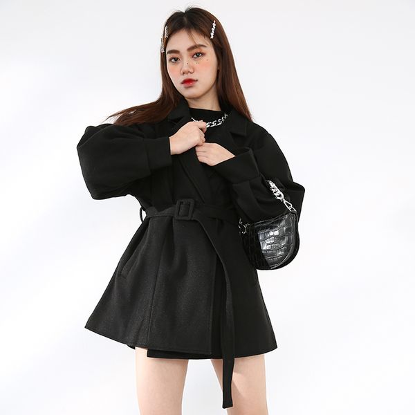 

2021 spring female turn-down collar long-sleeved jacket plus size woolen suit coat with belt black woolen mantel coat, Black;brown