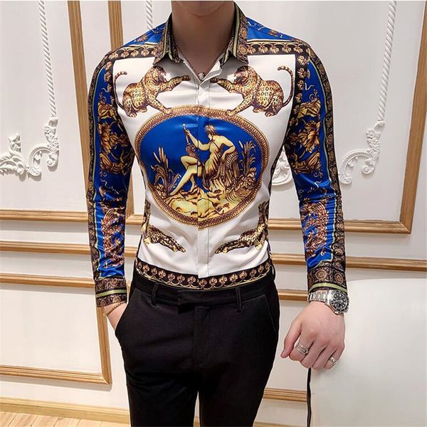 

2021 new size big 6xl fashions men's club clothes floral designer thin print with long baroque sleeve party shirt x6rq, Black;brown