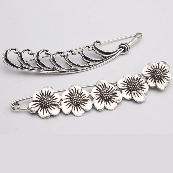 

pins, brooches 2pcs vintage antique alloy hollow feather/plum flower designer safty pins for women fashion charms jewelry accessories, Gray