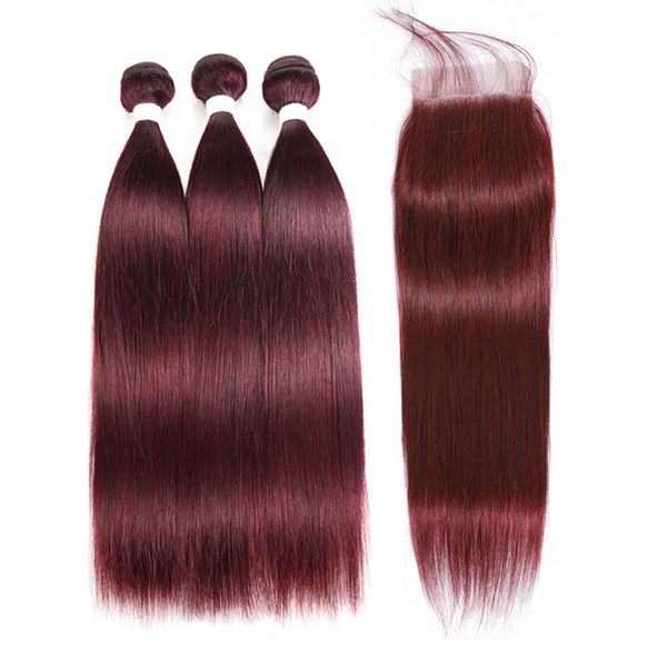 

99j straight bundle with closure brazilian remy human hair burgundy red colored 3 bundles with 4x4 lace closures, Black;brown