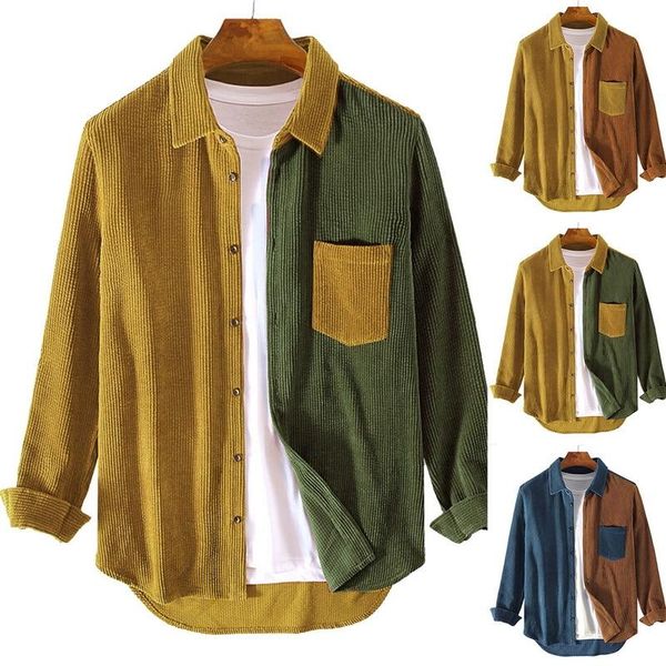 

men's casual shirts men corduroy patchwork 2021 hip hop loose long sleeve shirt japanese streetwear khaki harajuku oversized, White;black