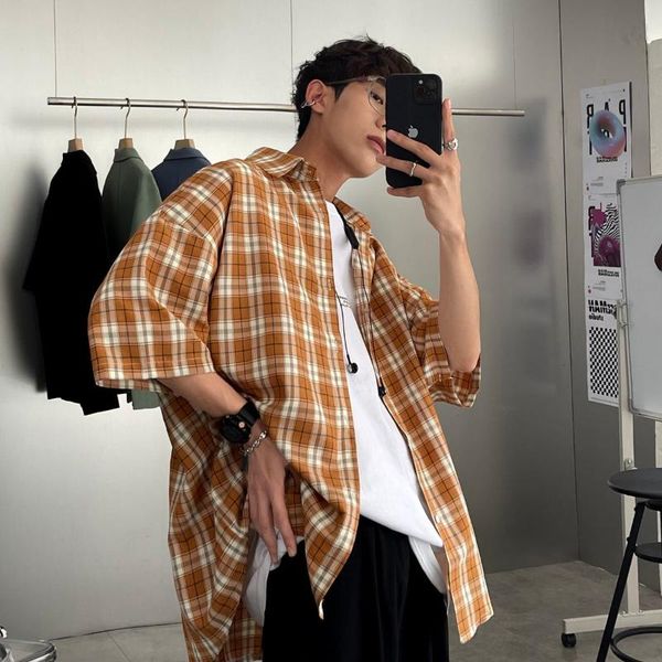 

men's casual shirts summer plaid men shirt loose short sleeve man 2021 fashion korean style hip hop streetwear, White;black