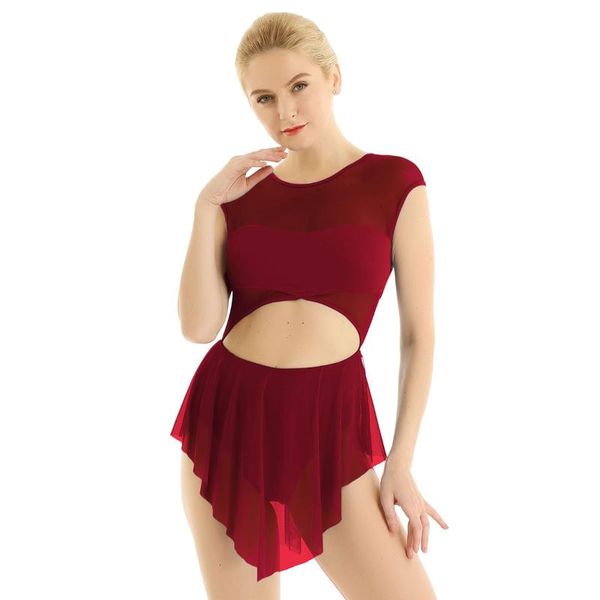 

stage wear women sleeveless cutout mesh splice dancewear figure skating dress ballet gymnastics leotards performance dance costume, Black;red